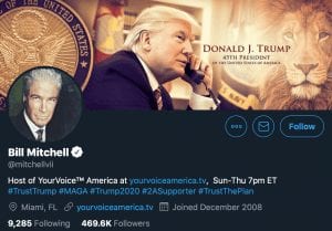Screenshot of the Twitter profile of Bill Mitchell, host of "Your Voice America." Image of President Trump in the header.
