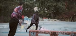 A group of skaters skateboard on Suffolk Avenue in Brentwood, New York.