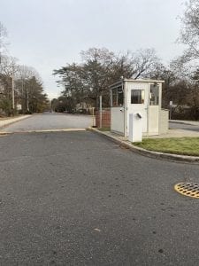 A booth is seen at an entrance of Brentwood High School in Brentwood, New York.