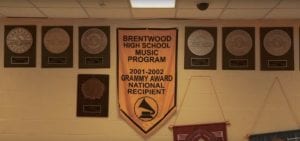 A sign of award recognition hangs inside Brentwood High School for its music program in Brentwood, New York.