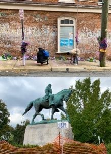 Top: artists contribute to Heather Heyer's memorial; Bottom: the Robert E. Lee statue surrounded by netting and a sign reading "1619."