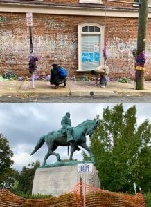 Top: artists contribute to Heather Heyer's memorial; Bottom: the Robert E. Lee statue surrounded by netting and a sign reading 