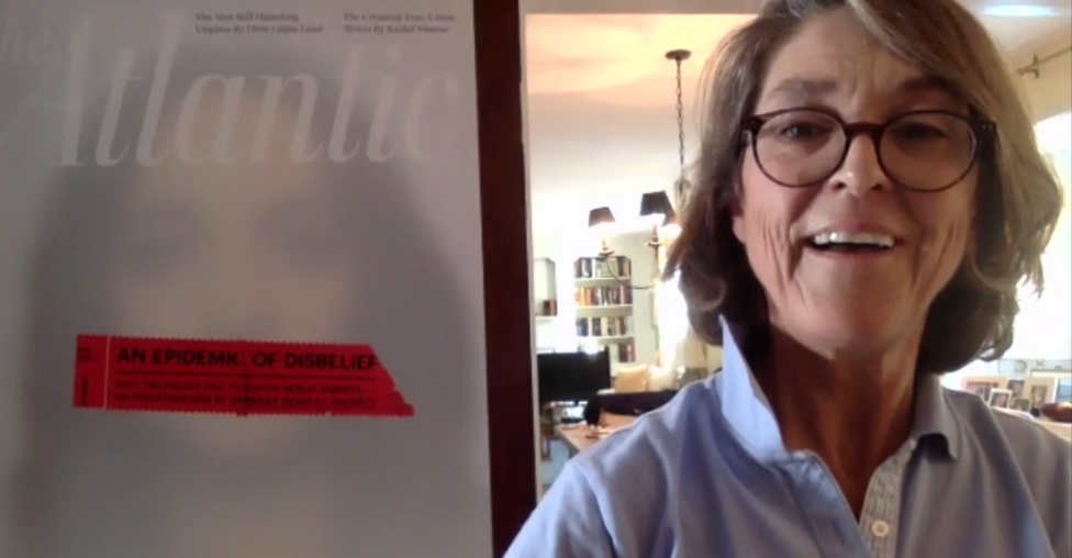 Barbara Bradley Hagerty in front of her cover for The Atlantic.