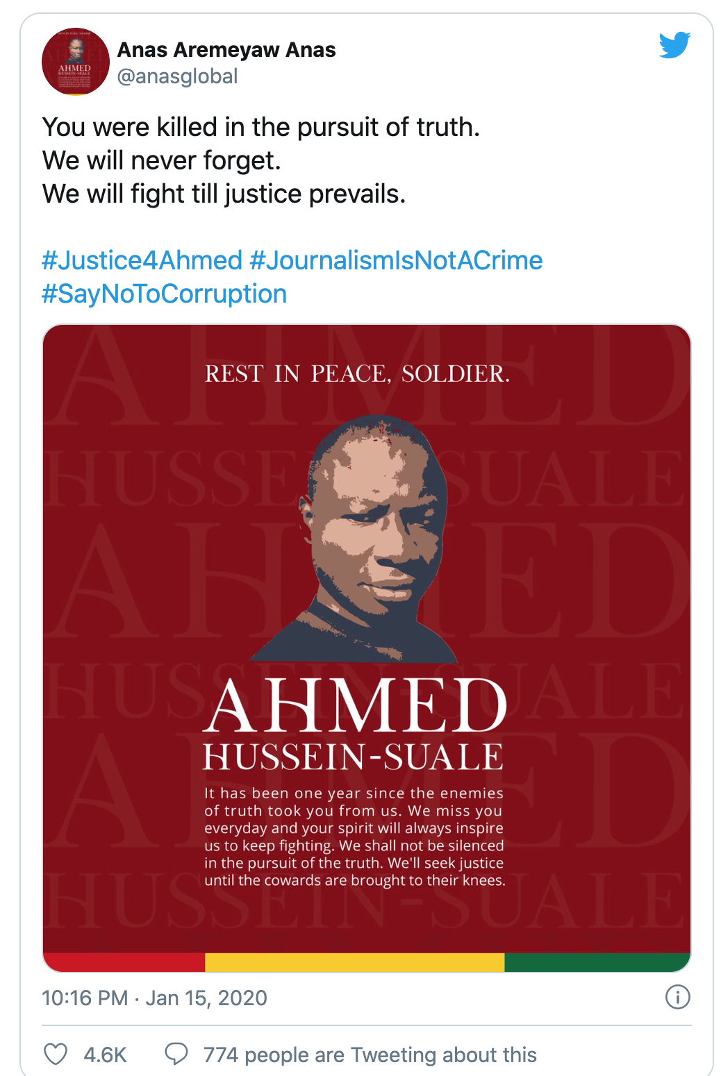 Twitter screenshot honoring Ahmed Hussein-Suale