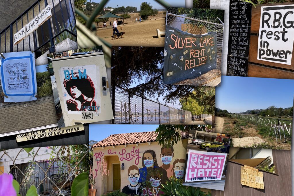 A collage of images around the Silver Lake Reservoir depicting Black Lives Matter installation, sign, empty parks, RBG mural, etc.