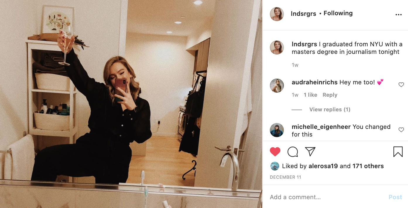 Lindsay Rogers celebrating in her Instagram post