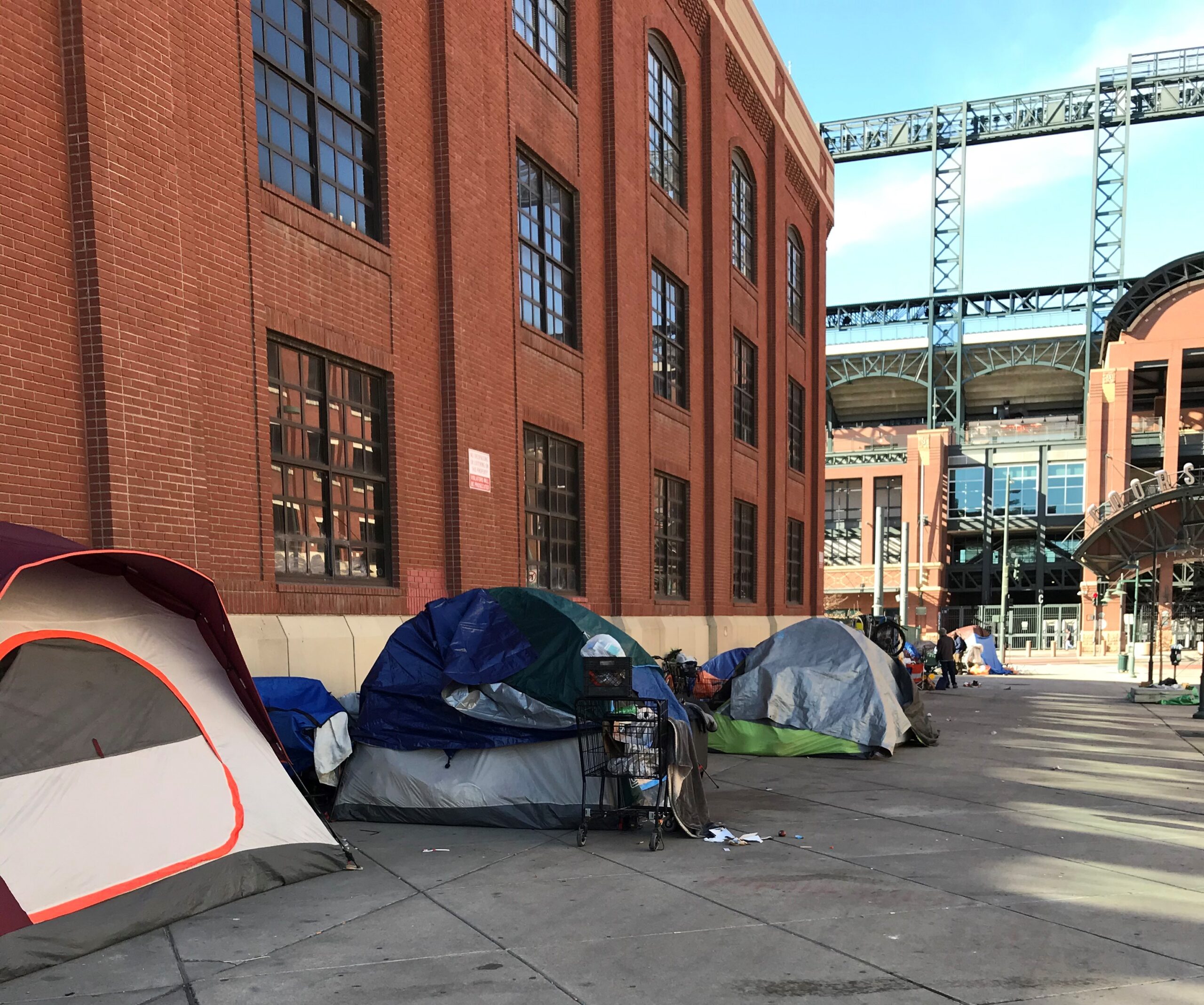 Homeless encampment outside Coors Field in downtown Denver
