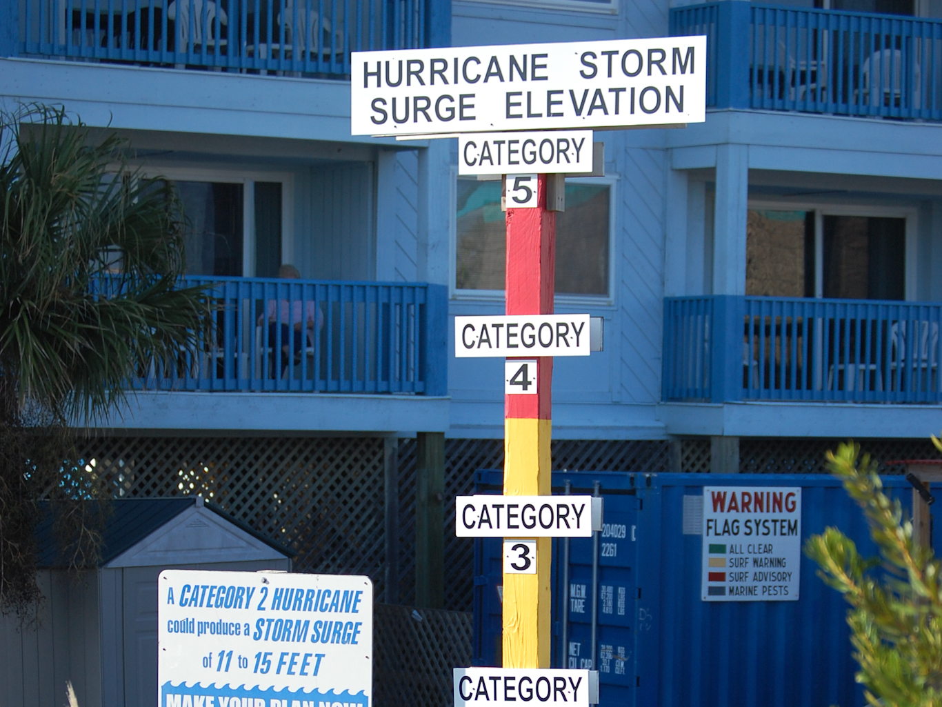 Sign measuring Hurricane storm surge heights with categories up to 5.