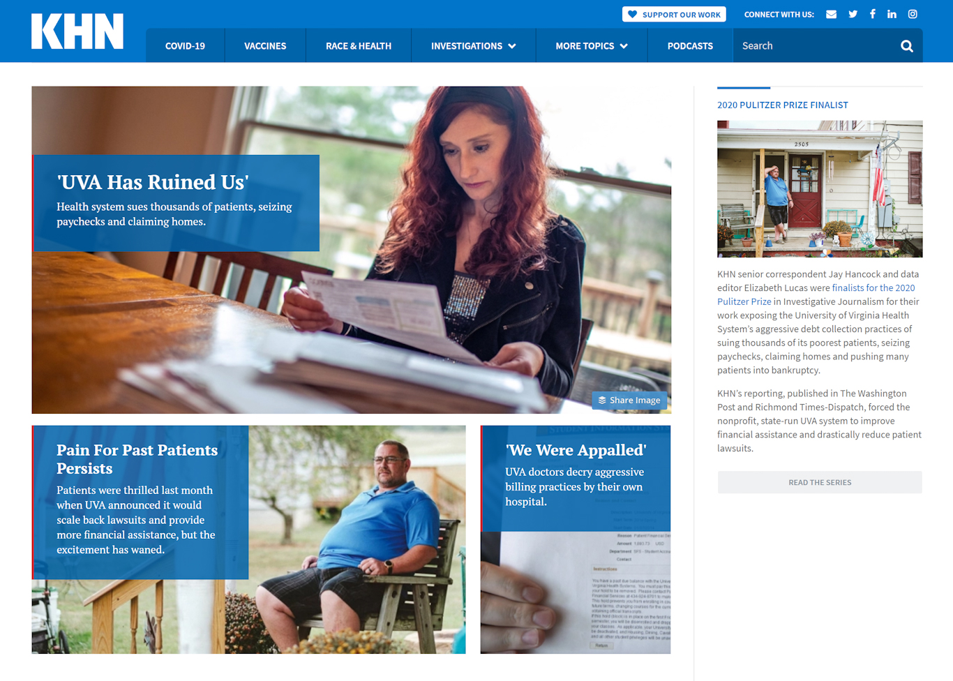 Images laid out on a website, surrounding by words. One picture shows a woman at a table looking over a document. Another picture shows a man sitting in a chair on a porch. A third picture shows a hand holding a paper.