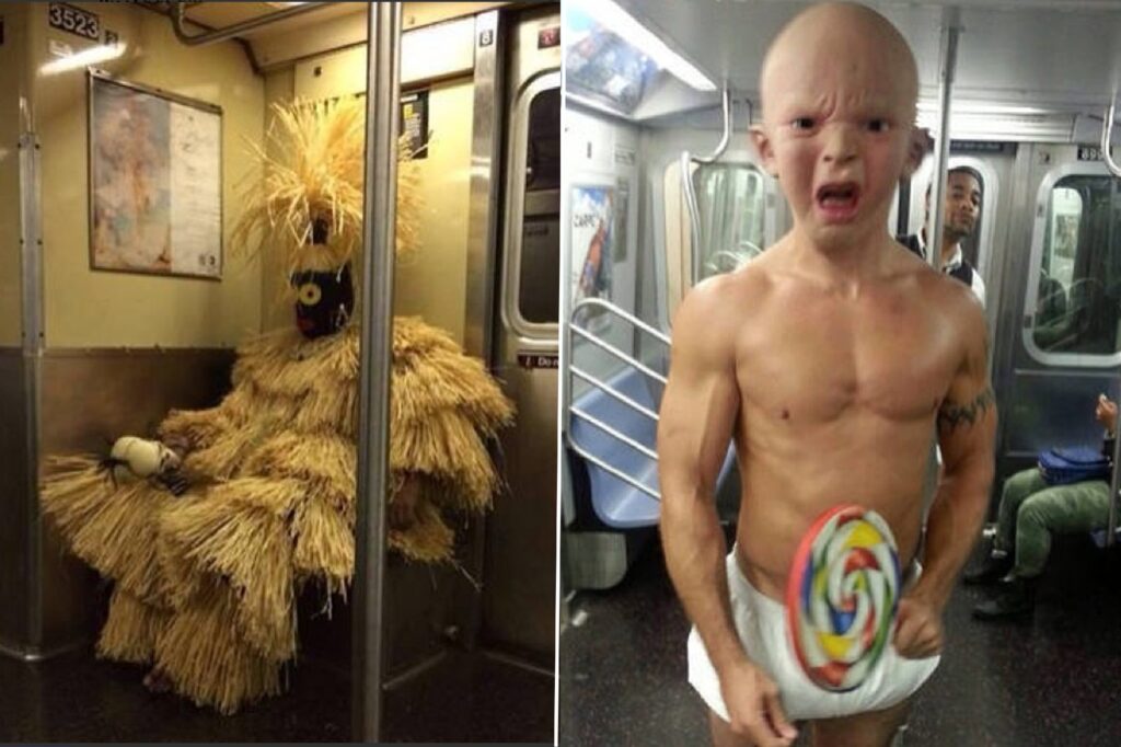 costumed passengers on NYC subway