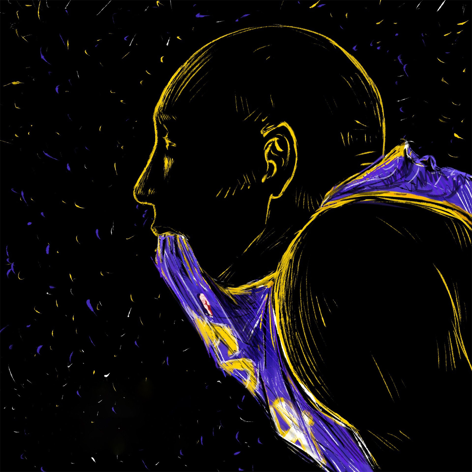 Drawing of basketball player chewing his jersey in profile
