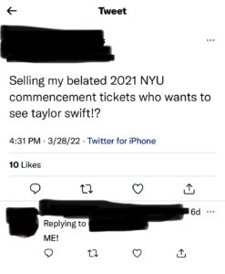 NYU graduate attempts to sell commencement ticket on Twitter.