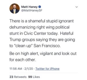 Screenshot of Matt Haney deleted tweet 2/1/2020