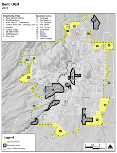 A graphic design of a map displaying the Urban Growth Boundary around the city of Bend.