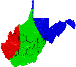 Mifepristone molecule super-imposed on map of West Virginia