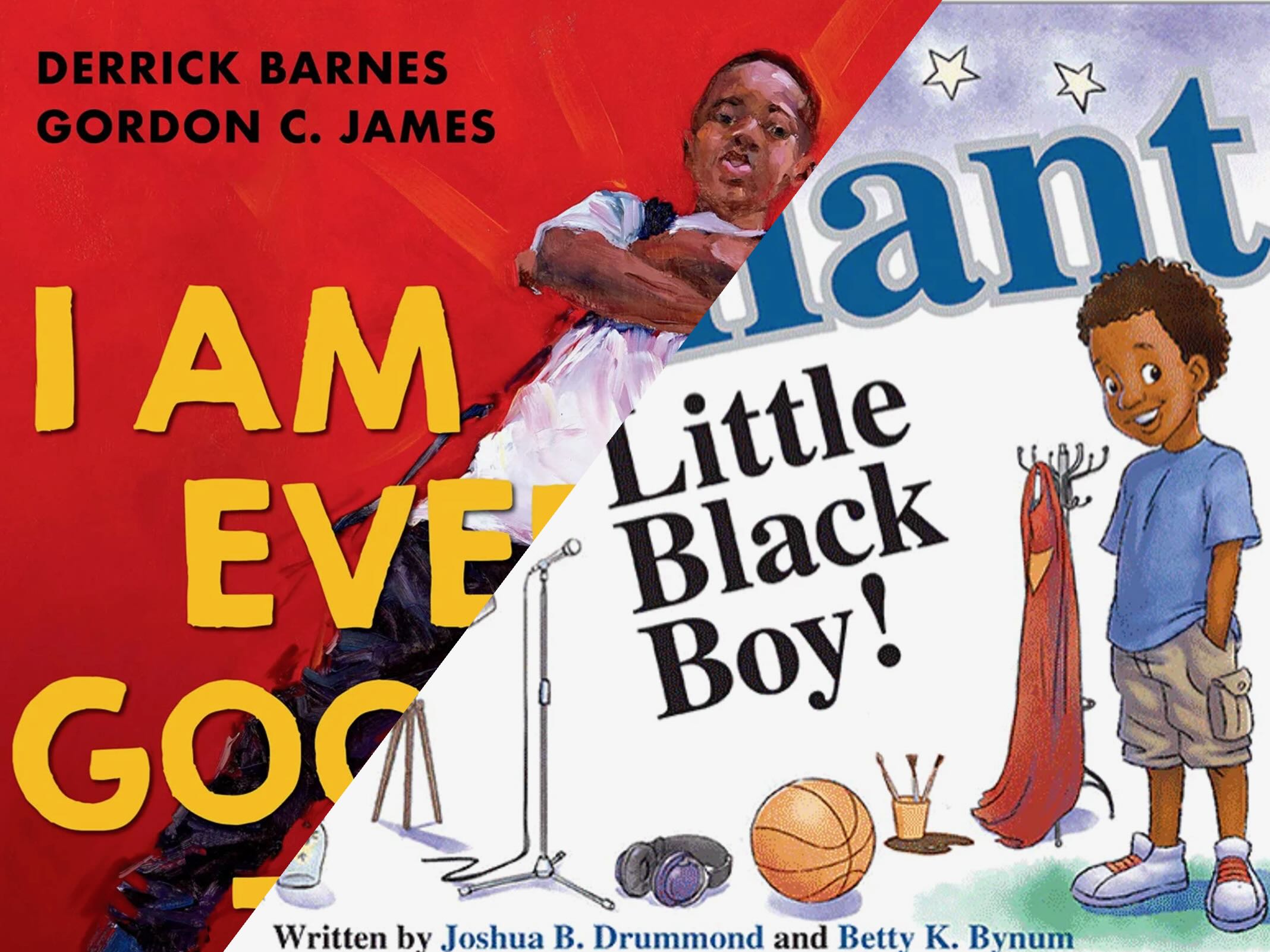 Book cover of "I'm a Brilliant Little Black Boy!" (horizontal, purple background, showcasing a smiling boy on the side with different artifacts on the ground) and "I Am Every Good Thing" (vertical, red background, only showcasing a boy with his arms crossed across the cover).