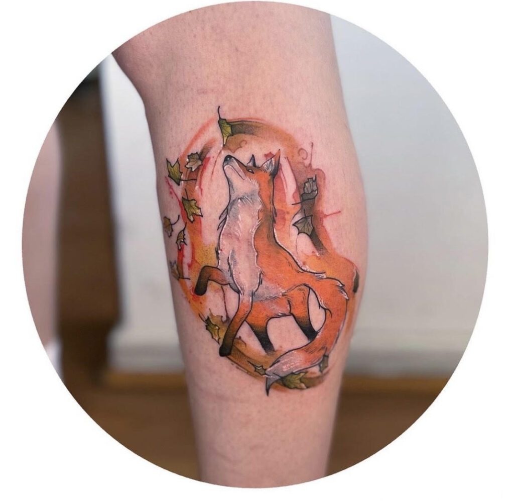 Watercolor tattoo of fox.