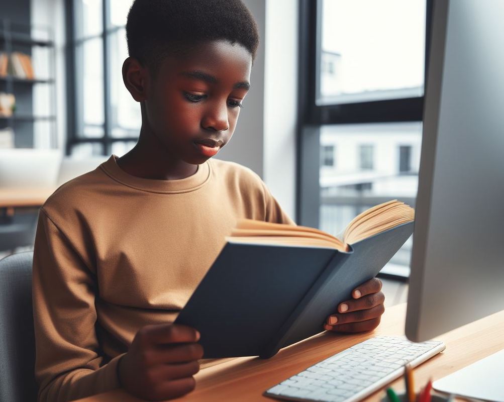 boy reading a book next to a computer