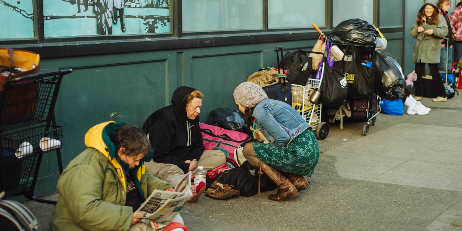 people outside a Portland shelter