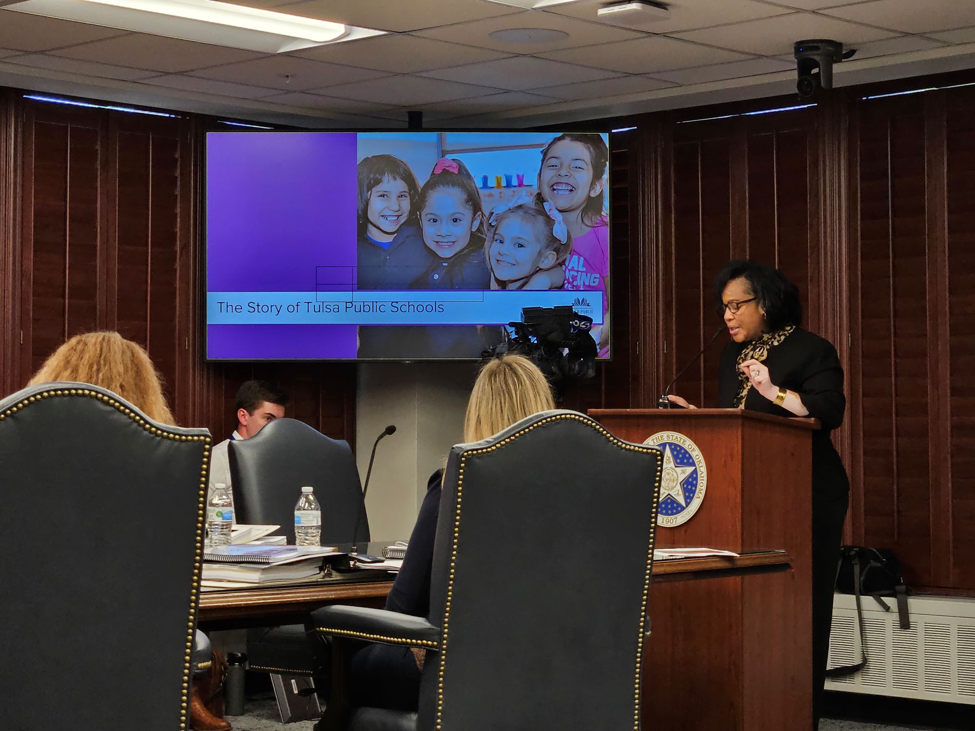 Tulsa Public Schools Interim Superintendent Ebony Johnson gives the district’s first monthly progress update to the Oklahoma State Department of Education on Sept. 28. [Credit: Paige Willett]