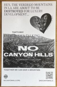 No Canyon Hills flier. Image of mountain lion.