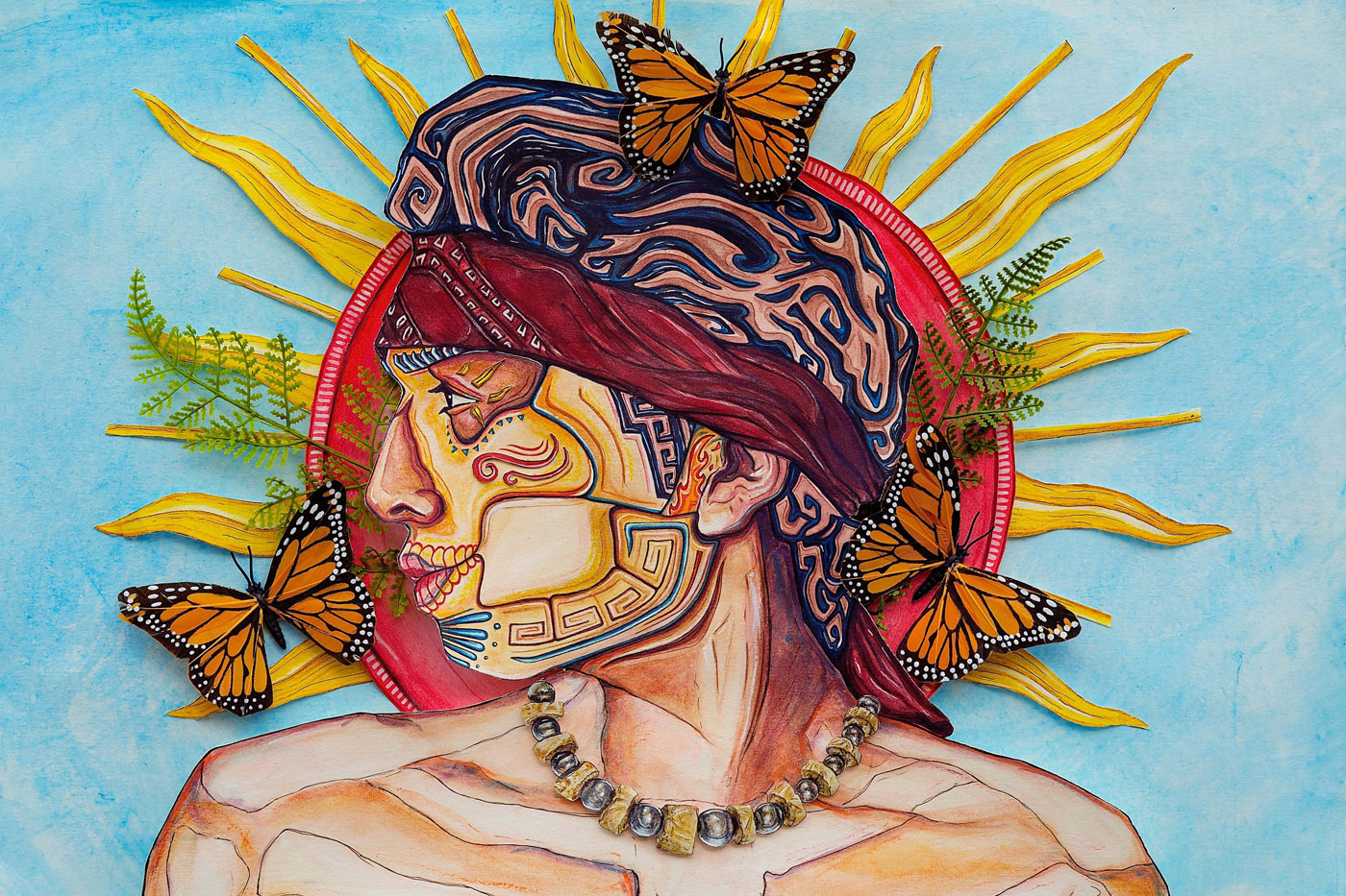 Colorful painting of the profile of a person's head with a butterflies and a sun int he background.