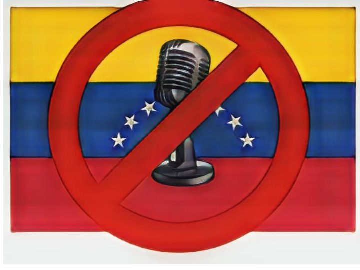 Cartoon depicting the prohibition to freedom of press in Venezuela.