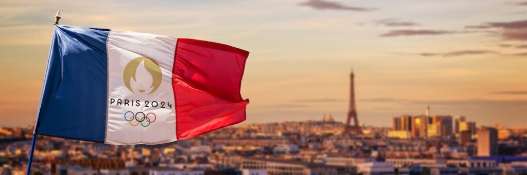 French flag with Paris 2024 summer olympic games logo, Eiffel tower in Paris France panoramic background