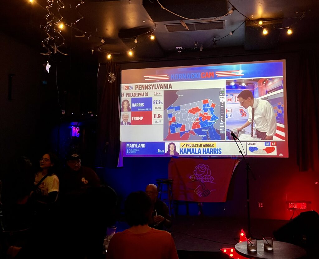 Photo of an election night watch party at a bar