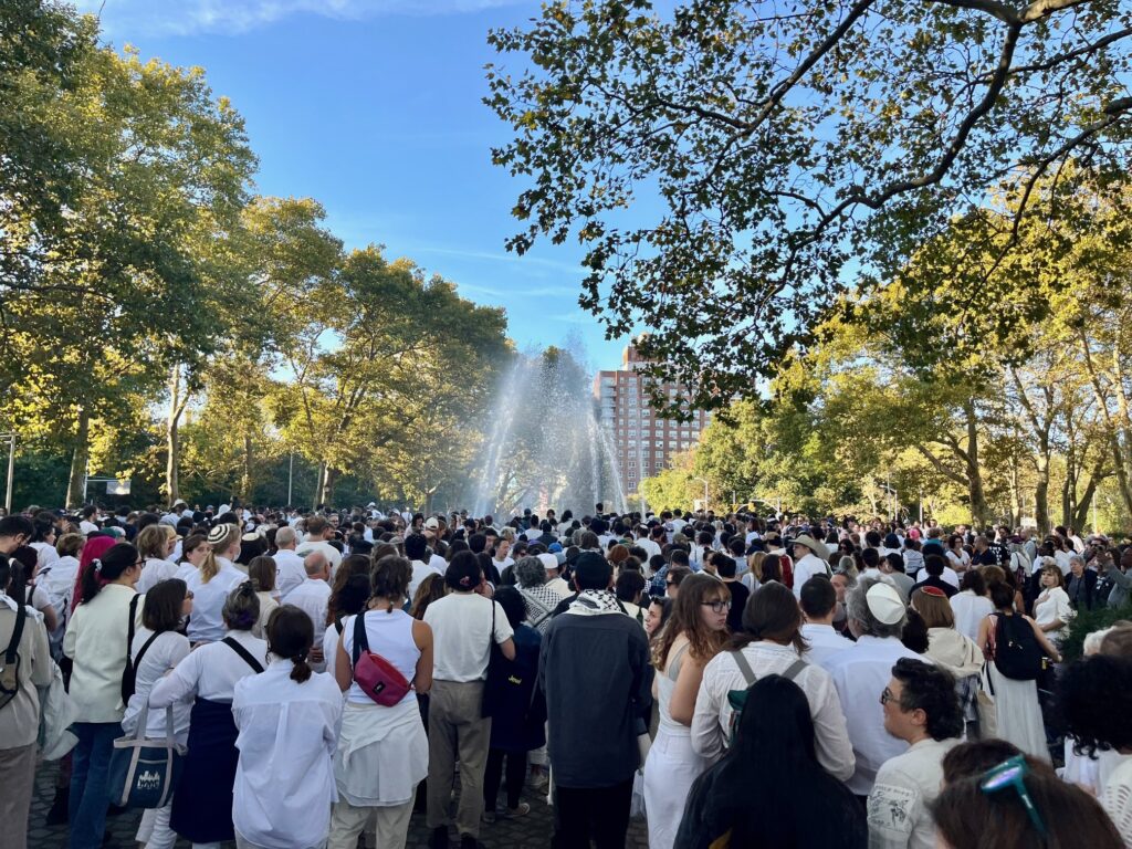 People gathered around a fountain