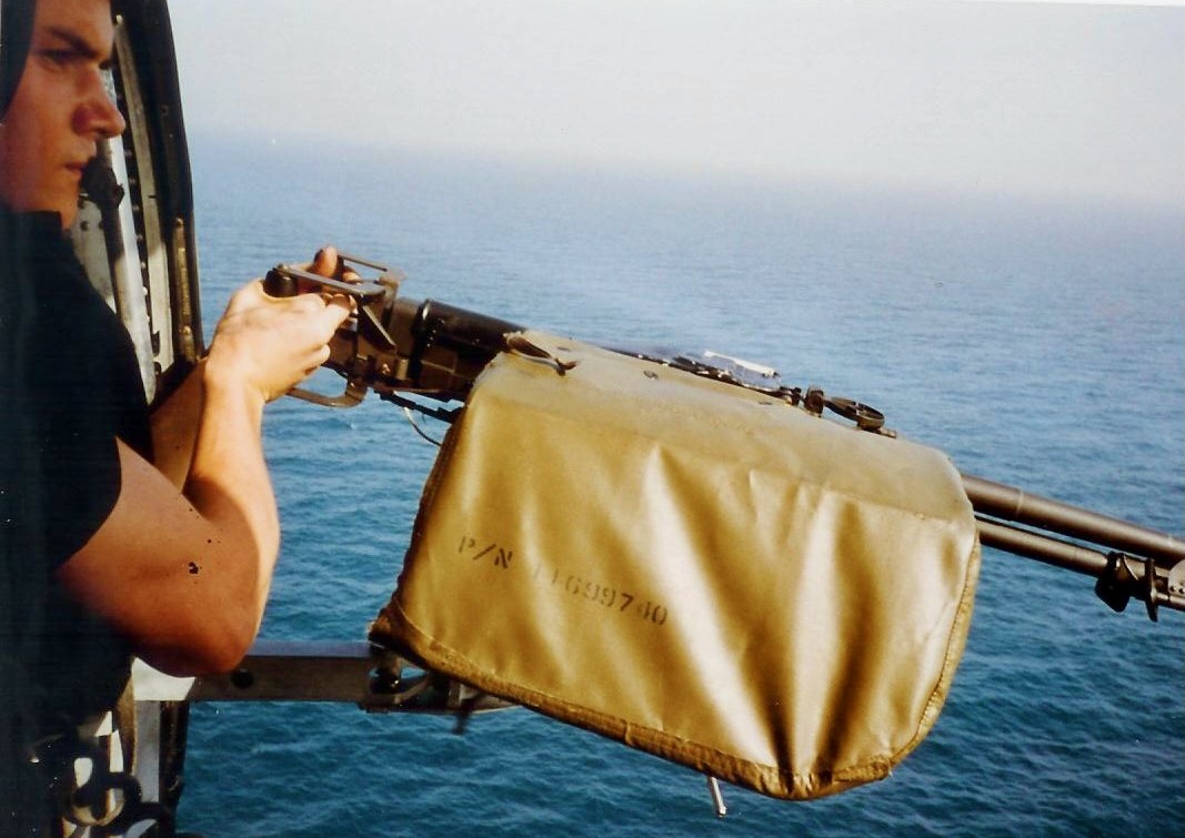 Gunner Brian Dickinson in helicopter