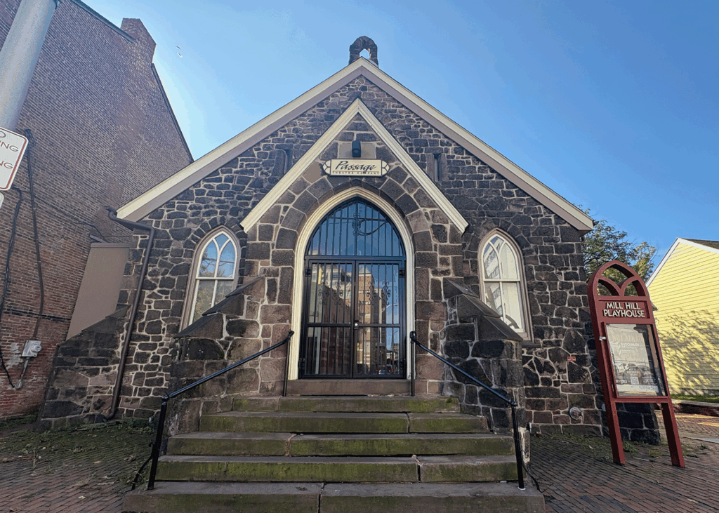 Front of Passage Theatre historic building, the Mill Hill Playhouse