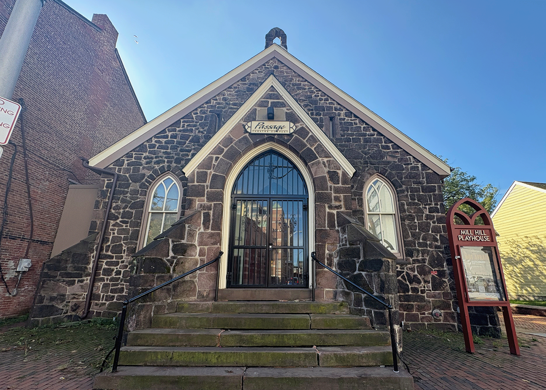 Front of Passage Theatre historic building, the Mill Hill Playhouse
