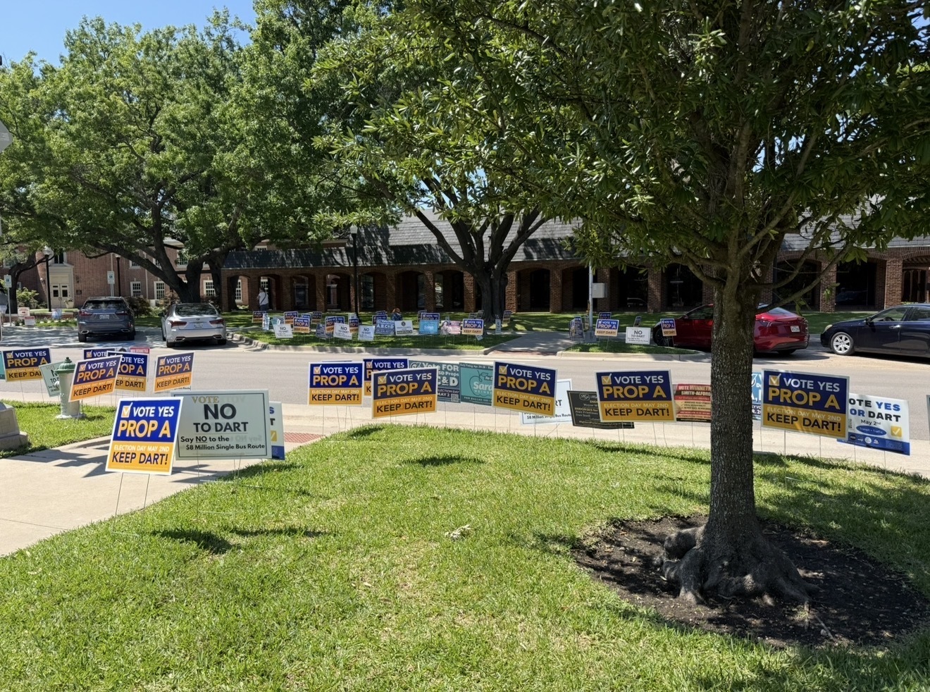 Signs for DART election outside polling center in University Park, Texas