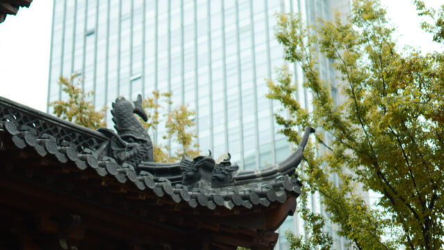 Although a center of trade in fifteenth century Changzhou, thanks to its proximity to the Beijing-Hangzhou Grand Canal, Qing Guo Alley's commercial importance dissolved in the twentieth century thanks to China's industrial and international trade booms. Old Chinese roof with modern high rise in background