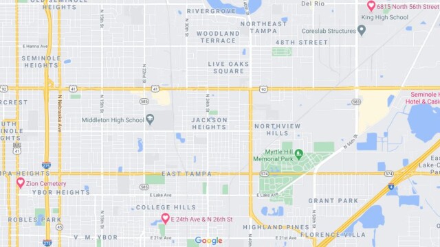 At least three Black cemeteries almost stayed lost to history, repurposed for other community uses. Google Images Screenshot of Tampa marked with 3 lost cemeteries