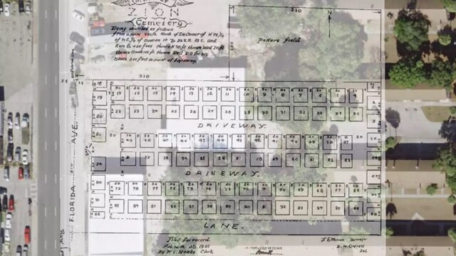 The 1901 map of Zion Cemetery laid over the current satellite view of the area, mostly beneath Robles Park Village. Image Courtesy of Florida Public Archaeology Network Old map overlaid on new map to show layout of burial plots